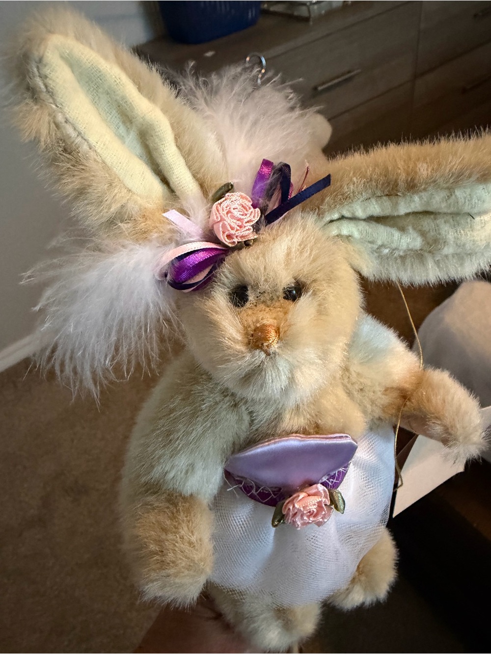 Beige Plush Bunny with Pink and Purple Floral Accents